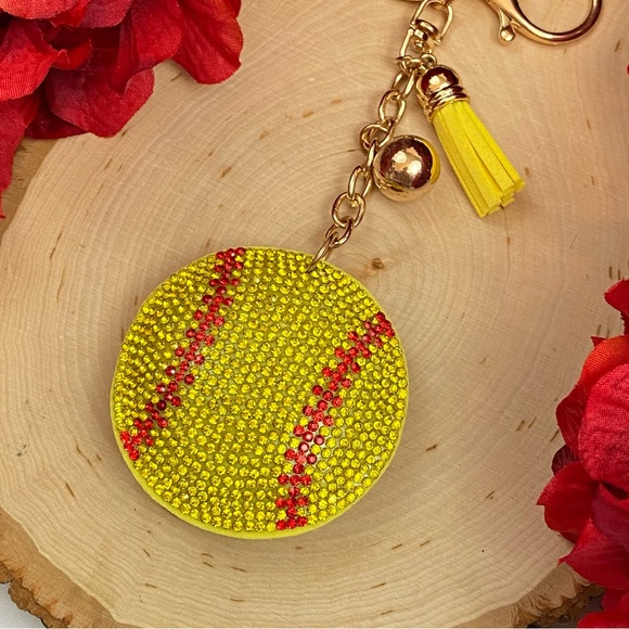 🥎Crystal & Leather Softball Keychain & Yellow Tassel - Picture 5 of 10